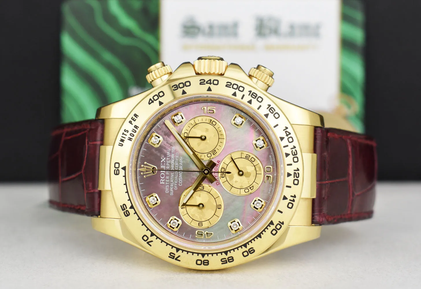 ROLEX 18kt Gold DAYTONA Burgundy Strap Tahitian MOP Diamond Dial Model 116518
