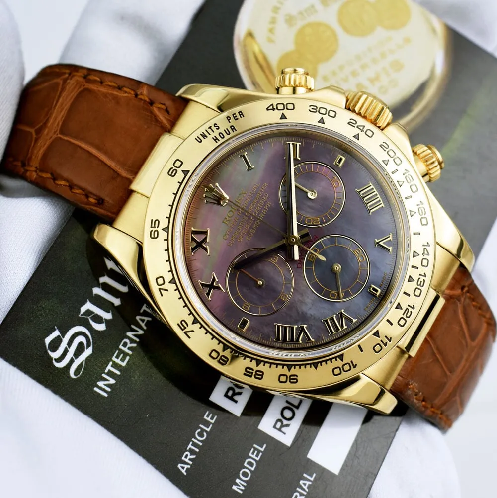 ROLEX 18kt Gold Daytona Tahitian Mother of Pearl Roman Brown Strap Model 116518