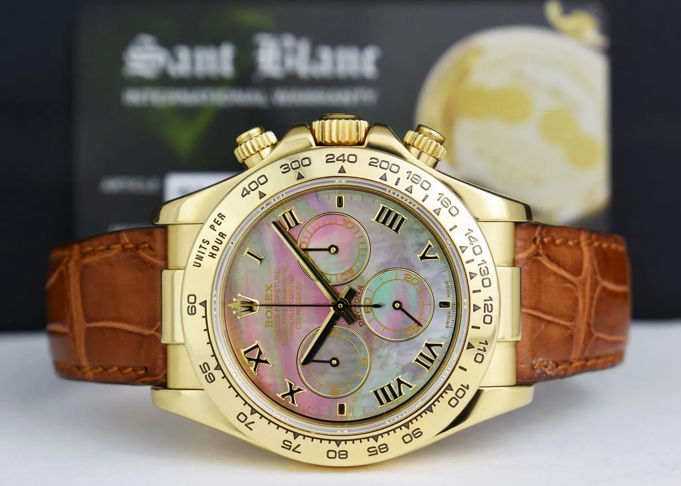 ROLEX 18kt Gold Daytona Tahitian Mother of Pearl Roman Brown Strap Model 116518