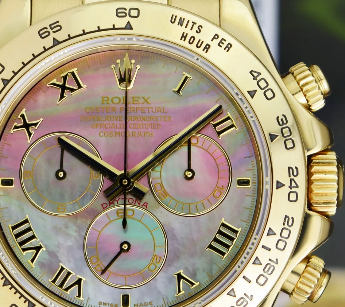 ROLEX 18kt Gold Daytona Tahitian Mother of Pearl Roman Brown Strap Model 116518