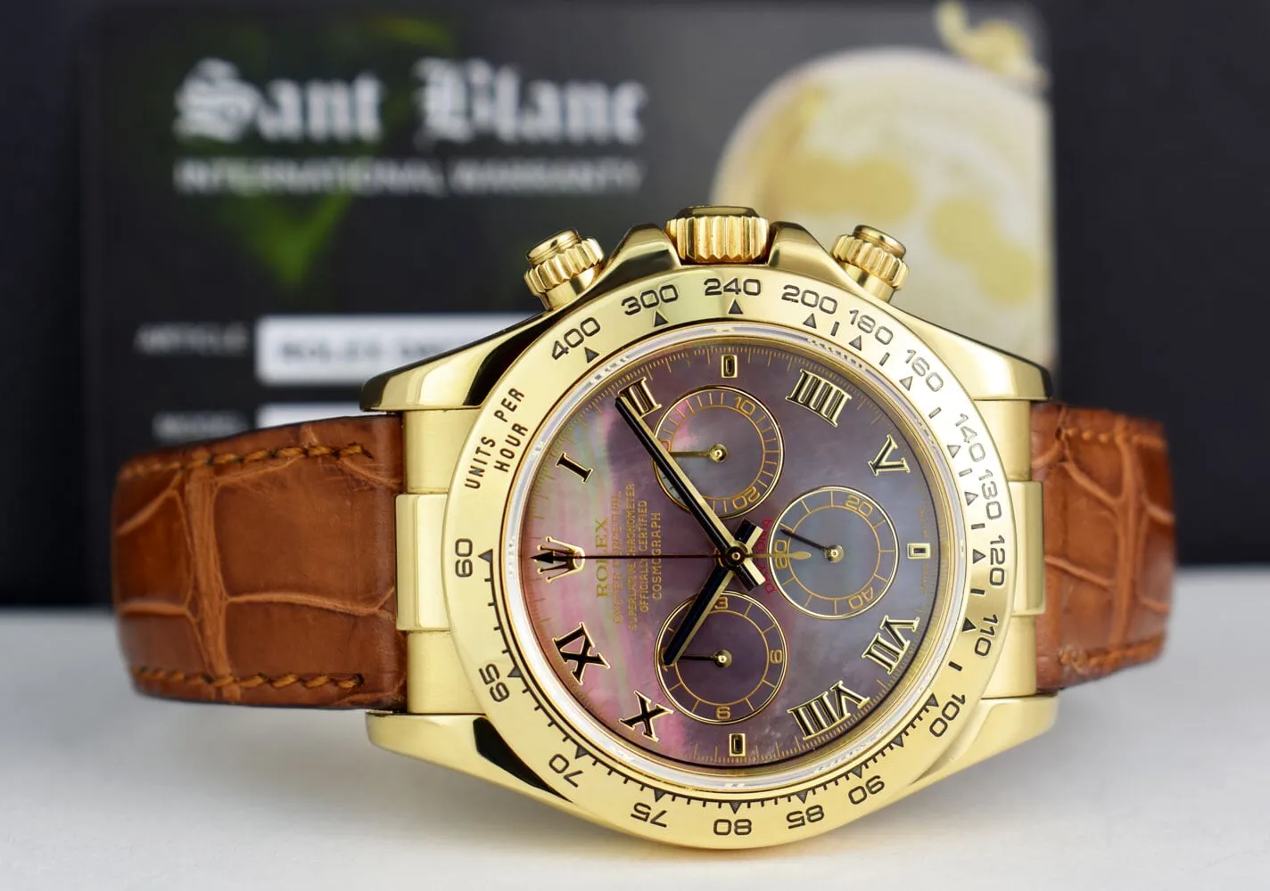 ROLEX 18kt Gold Daytona Tahitian Mother of Pearl Roman Brown Strap Model 116518
