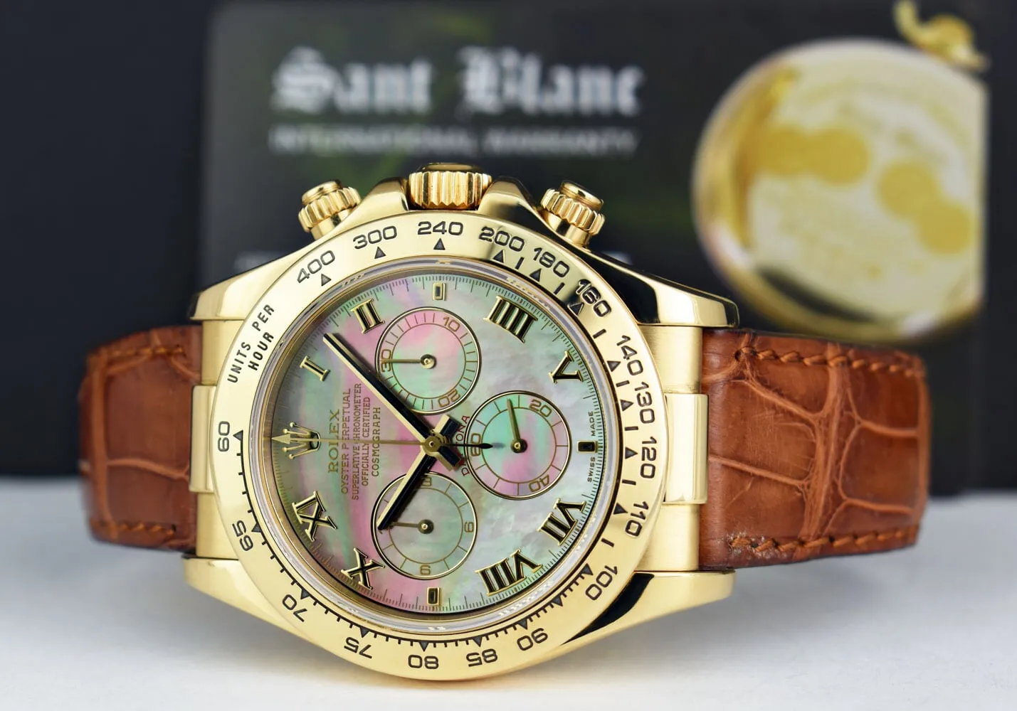 ROLEX 18kt Gold Daytona Tahitian Mother of Pearl Roman Brown Strap Model 116518