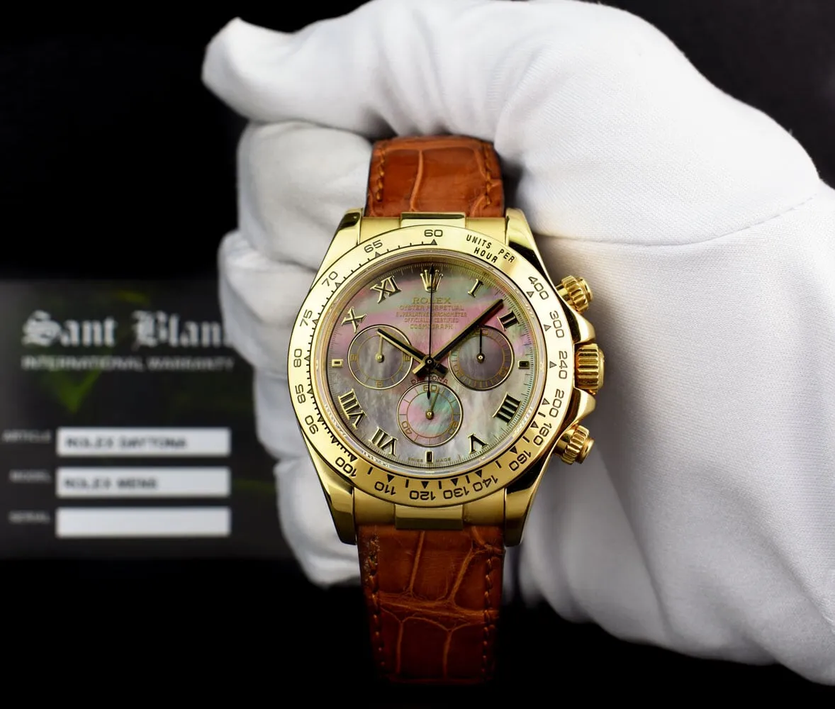 ROLEX 18kt Gold Daytona Tahitian Mother of Pearl Roman Brown Strap Model 116518
