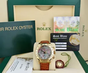 ROLEX 18kt Gold Daytona Tahitian Mother of Pearl Roman Brown Strap Model 116518
