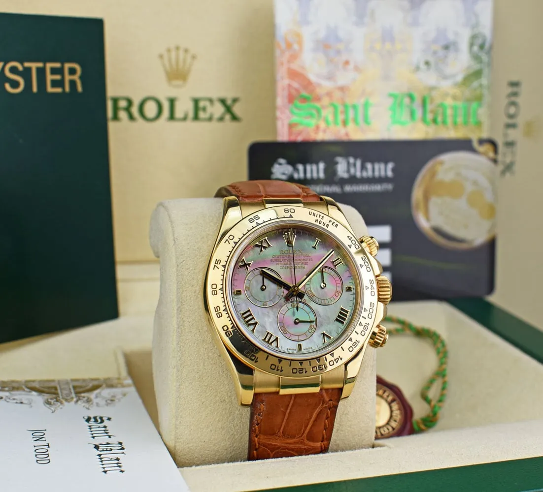 ROLEX 18kt Gold Daytona Tahitian Mother of Pearl Roman Brown Strap Model 116518