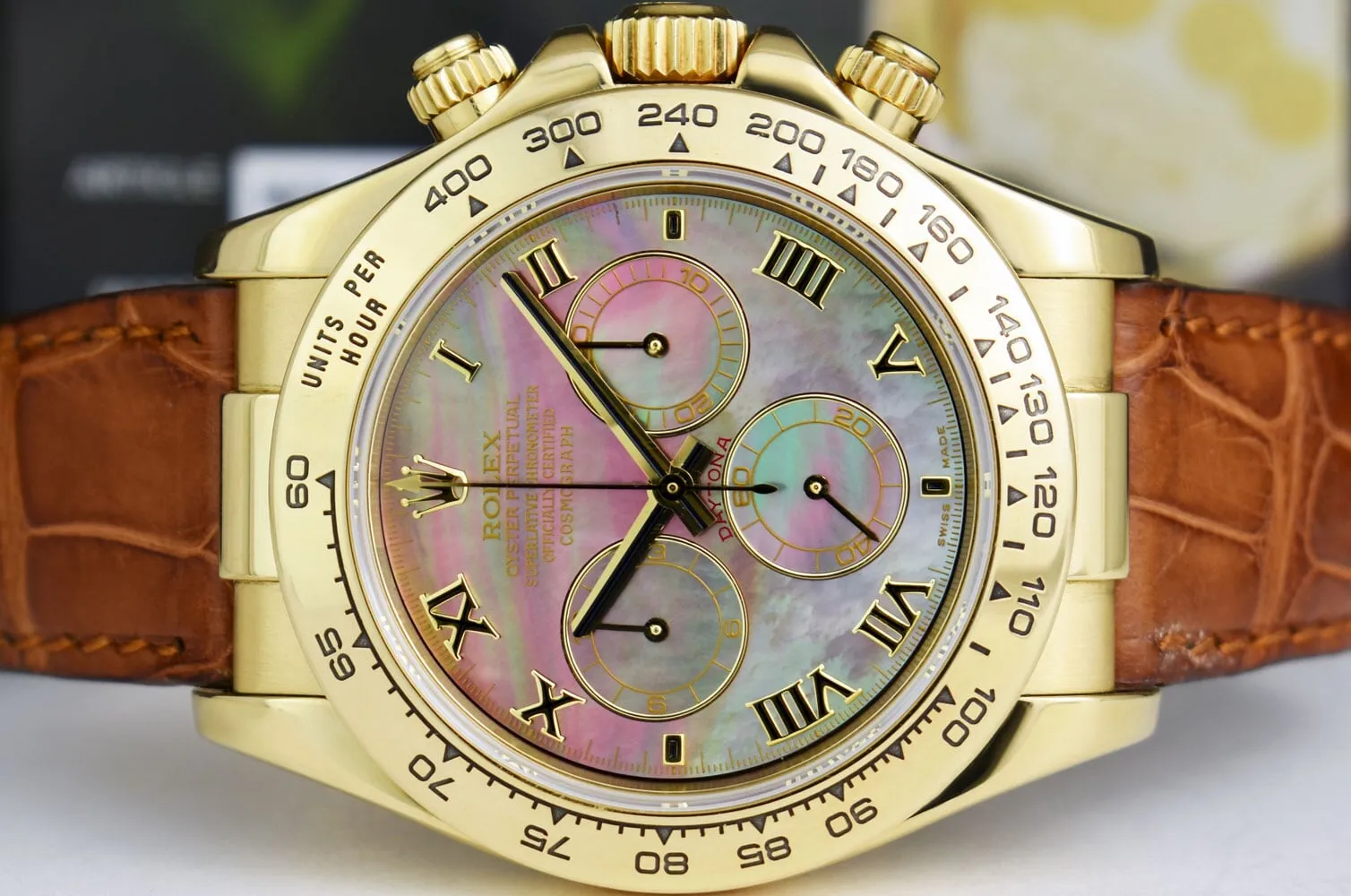 ROLEX 18kt Gold Daytona Tahitian Mother of Pearl Roman Brown Strap Model 116518