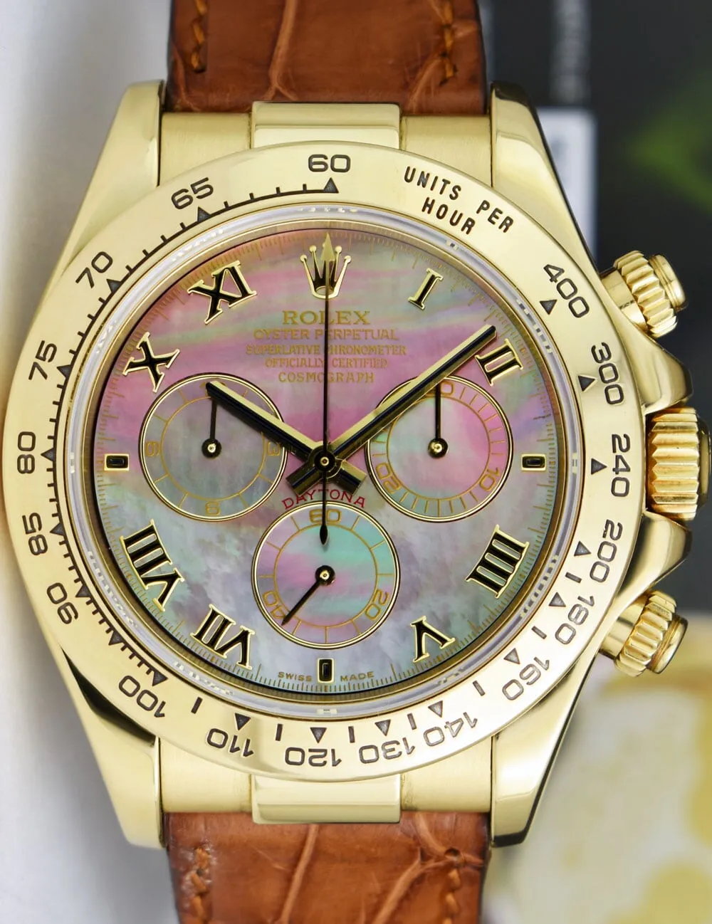 ROLEX 18kt Gold Daytona Tahitian Mother of Pearl Roman Brown Strap Model 116518