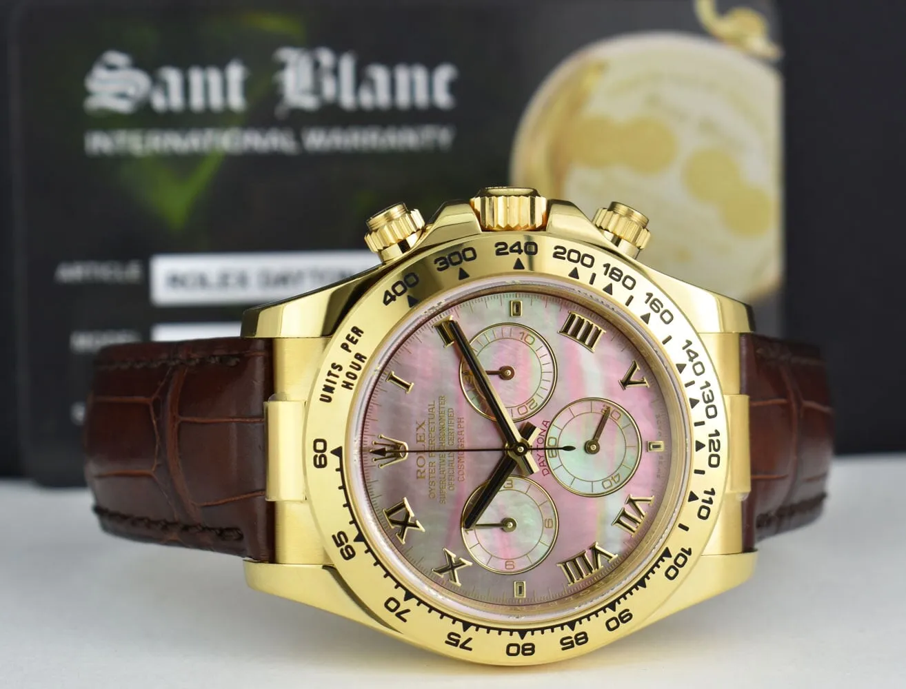 ROLEX 18kt Gold Daytona Tahitian Mother of Pearl Roman Dial Burgundy Strap Model 116518