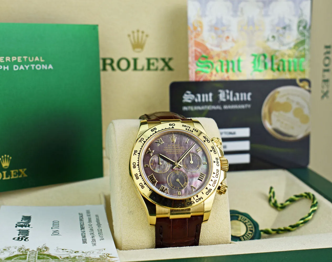 ROLEX 18kt Gold Daytona Tahitian Mother of Pearl Roman Dial Burgundy Strap Model 116518