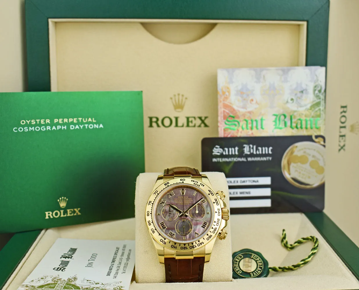 ROLEX 18kt Gold Daytona Tahitian Mother of Pearl Roman Dial Burgundy Strap Model 116518