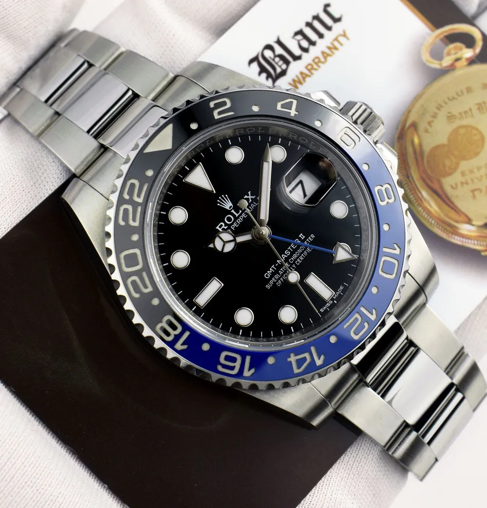 ROLEX 40mm Stainless Steel GMT Master II Blue & Black BATMAN Bezel Model 116710 BLNR