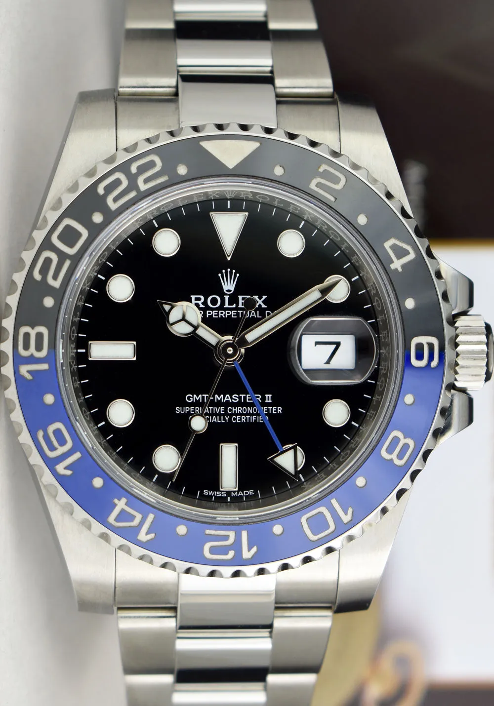 ROLEX 40mm Stainless Steel GMT Master II Blue & Black BATMAN Bezel Model 116710 BLNR