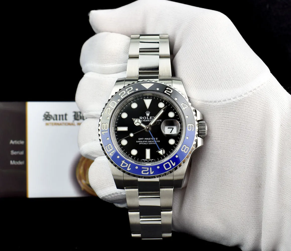 ROLEX 40mm Stainless Steel GMT Master II Blue & Black BATMAN Bezel Model 116710 BLNR