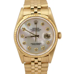 Rolex DateJust 36mm 16018 MOTHER OF PEARL DIAMOND 18K Yellow Gold JUBILEE Watch