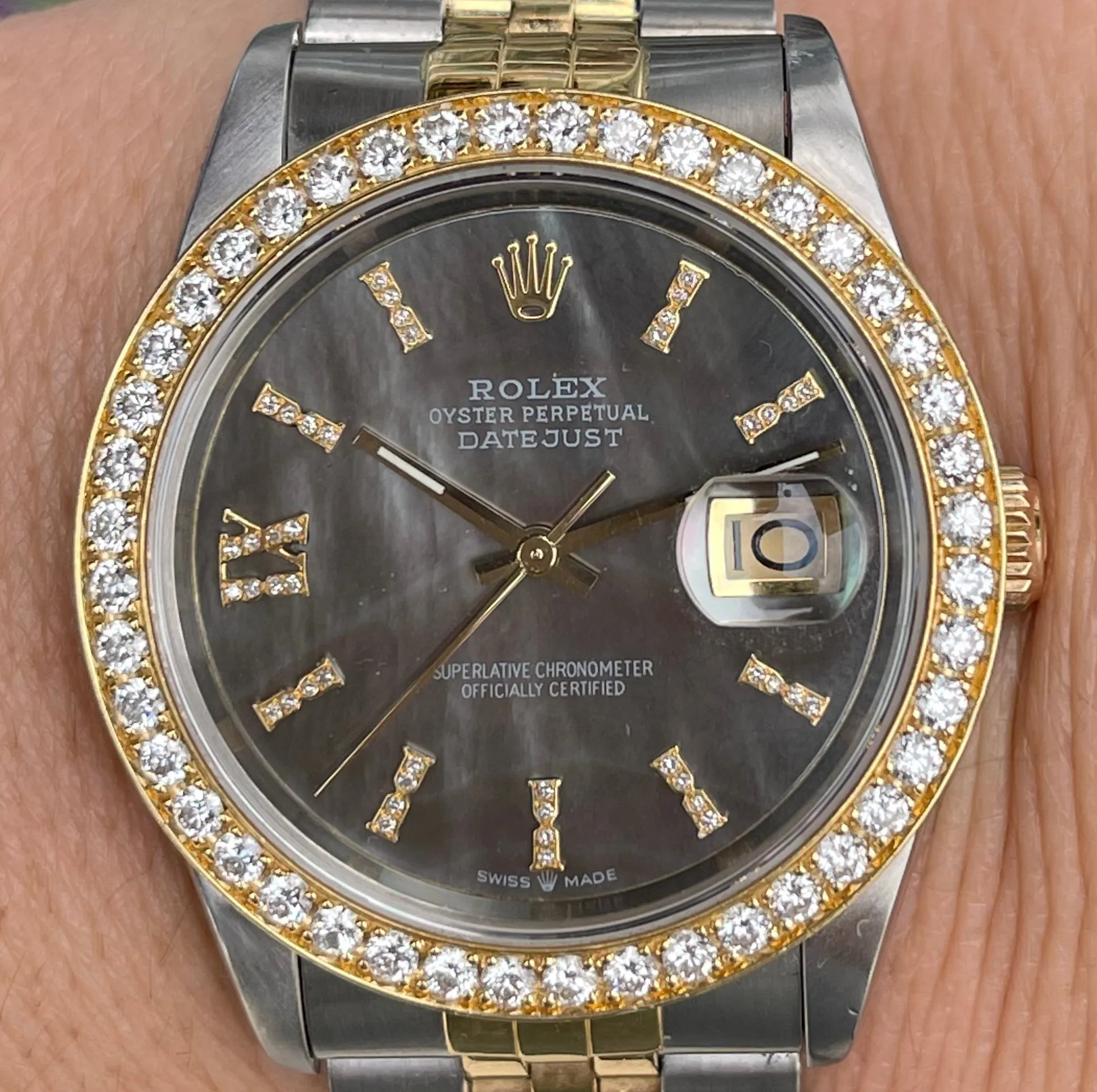 Rolex Datejust 36mm 16233 Men's or Women's Watch.  Custom 18k Yellow gold Oversized Diamond Bezel and Tahitian Mother Of Pearl Diamond Dial