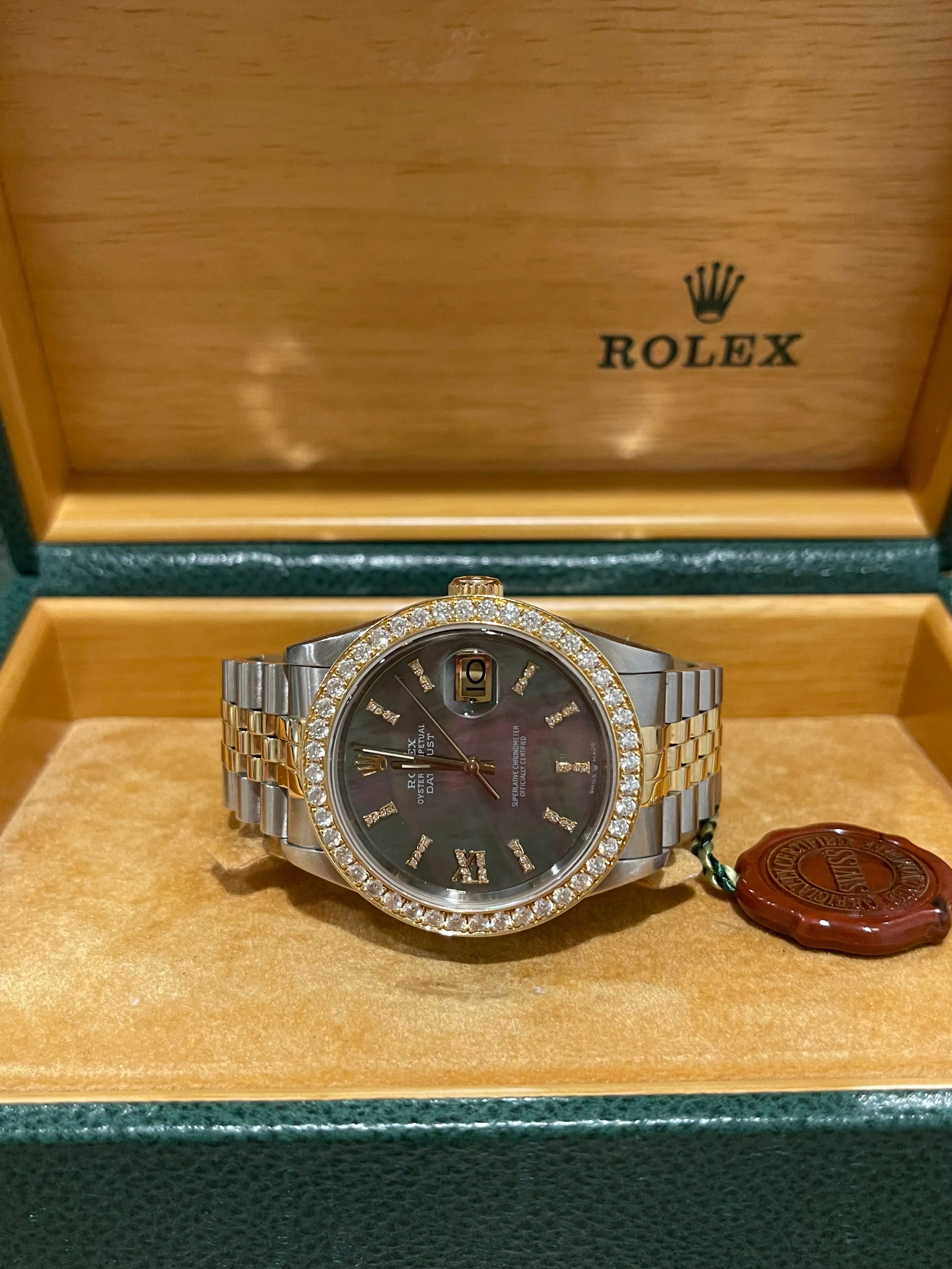 Rolex Datejust 36mm 16233 Men's or Women's Watch.  Custom 18k Yellow gold Oversized Diamond Bezel and Tahitian Mother Of Pearl Diamond Dial