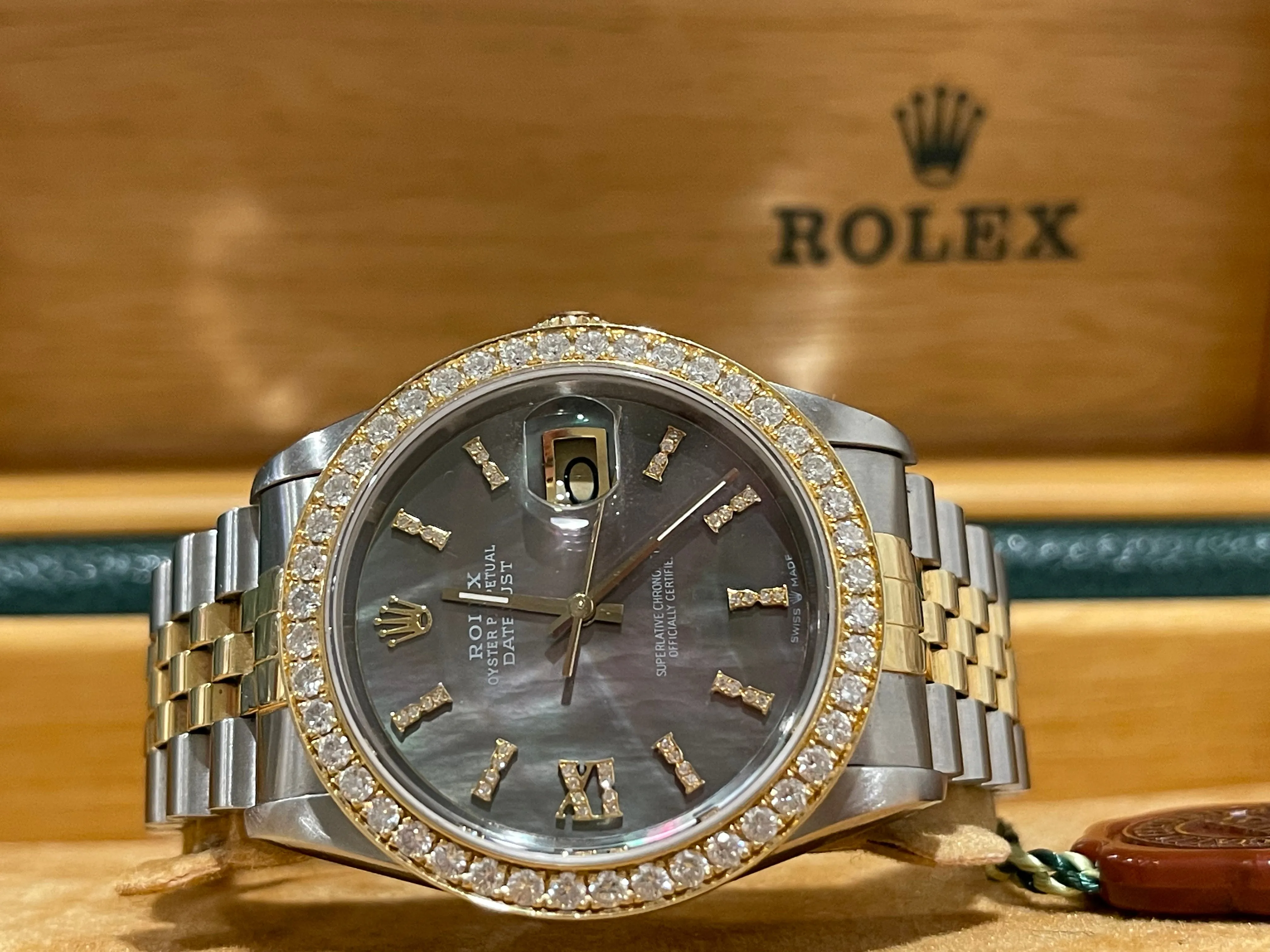 Rolex Datejust 36mm 16233 Men's or Women's Watch.  Custom 18k Yellow gold Oversized Diamond Bezel and Tahitian Mother Of Pearl Diamond Dial
