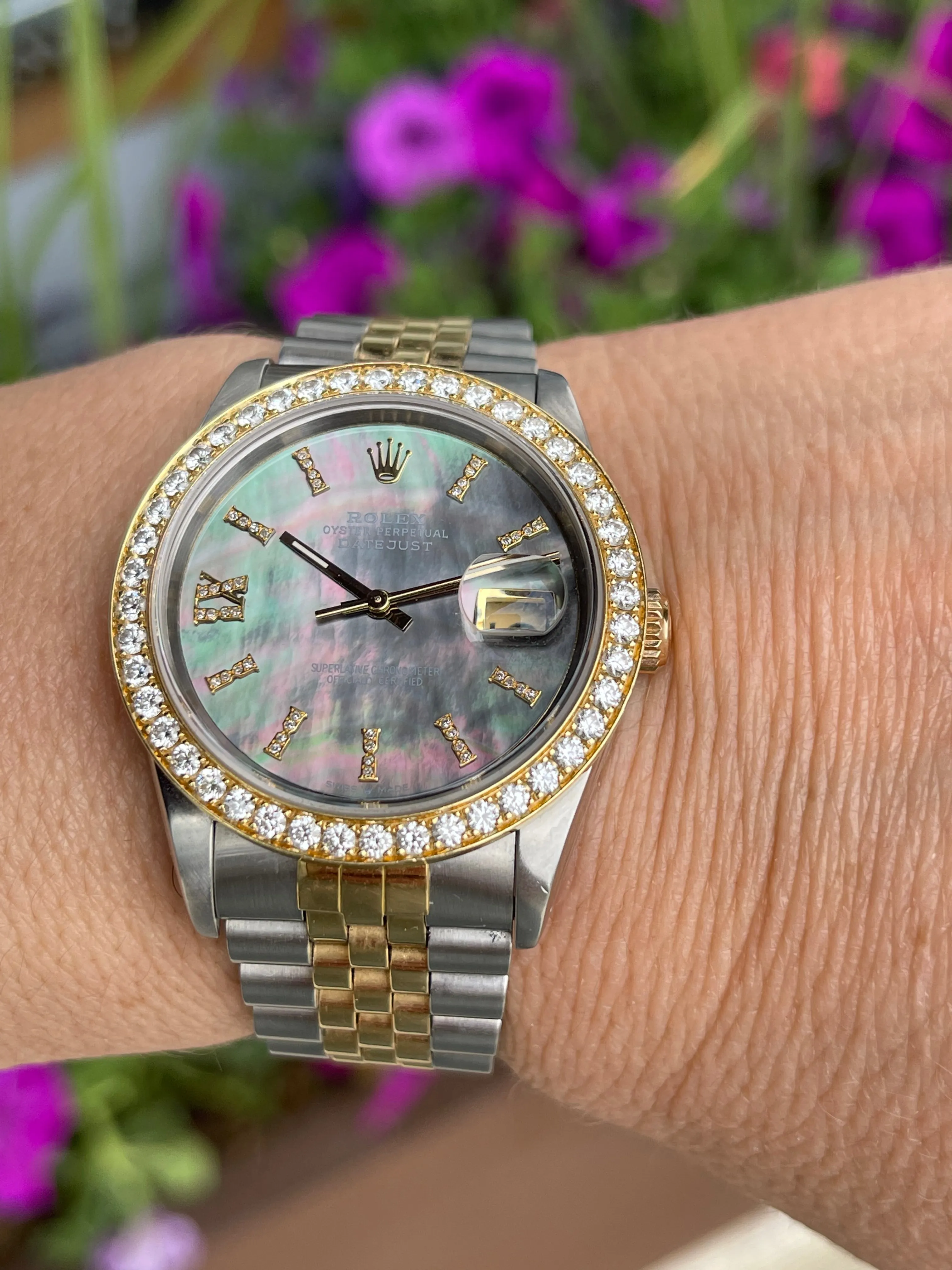 Rolex Datejust 36mm 16233 Men's or Women's Watch.  Custom 18k Yellow gold Oversized Diamond Bezel and Tahitian Mother Of Pearl Diamond Dial