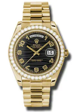 Rolex Day-Date II Black Wave Dial 18K Yellow Gold President Automatic Men's Watch 218348BKWAP