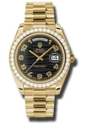 Rolex Day-Date II Black Wave Dial 18K Yellow Gold President Automatic Men's Watch 218348BKWAP