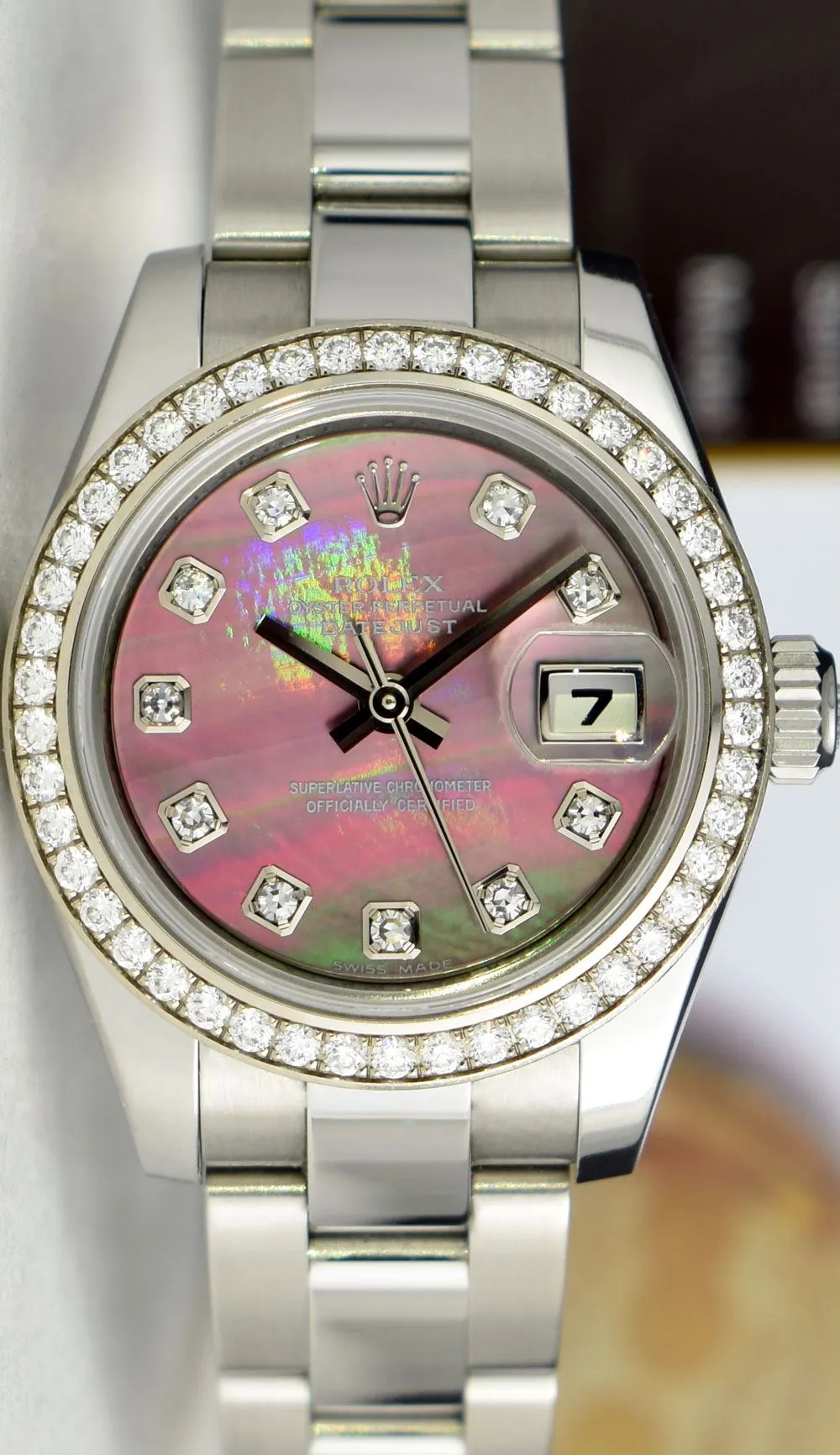 ROLEX Ladies White Gold & Stainless Steel Datejust Tahitian Mother of Pearl Diamond Dial Model 179384
