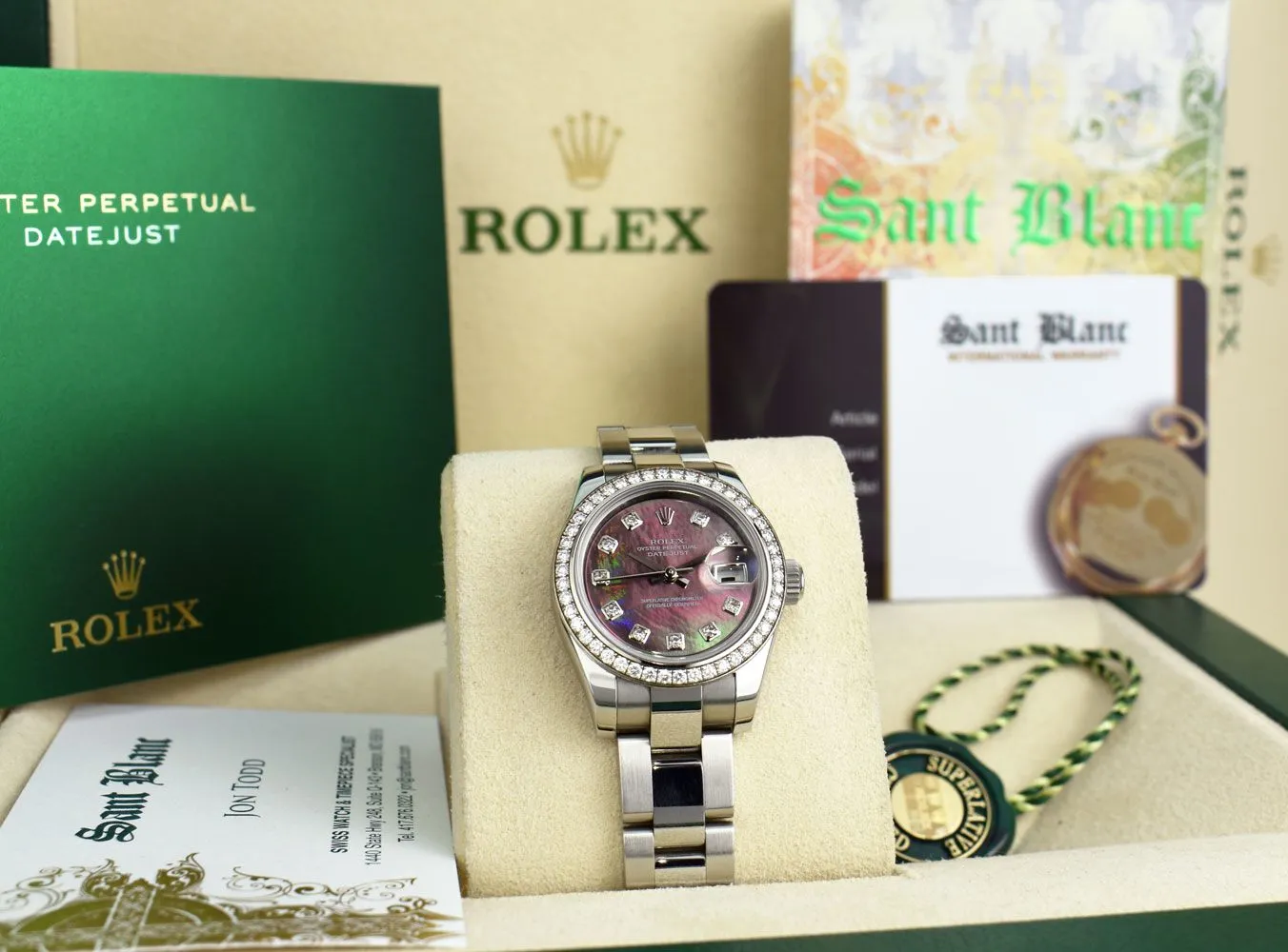 ROLEX Ladies White Gold & Stainless Steel Datejust Tahitian Mother of Pearl Diamond Dial Model 179384
