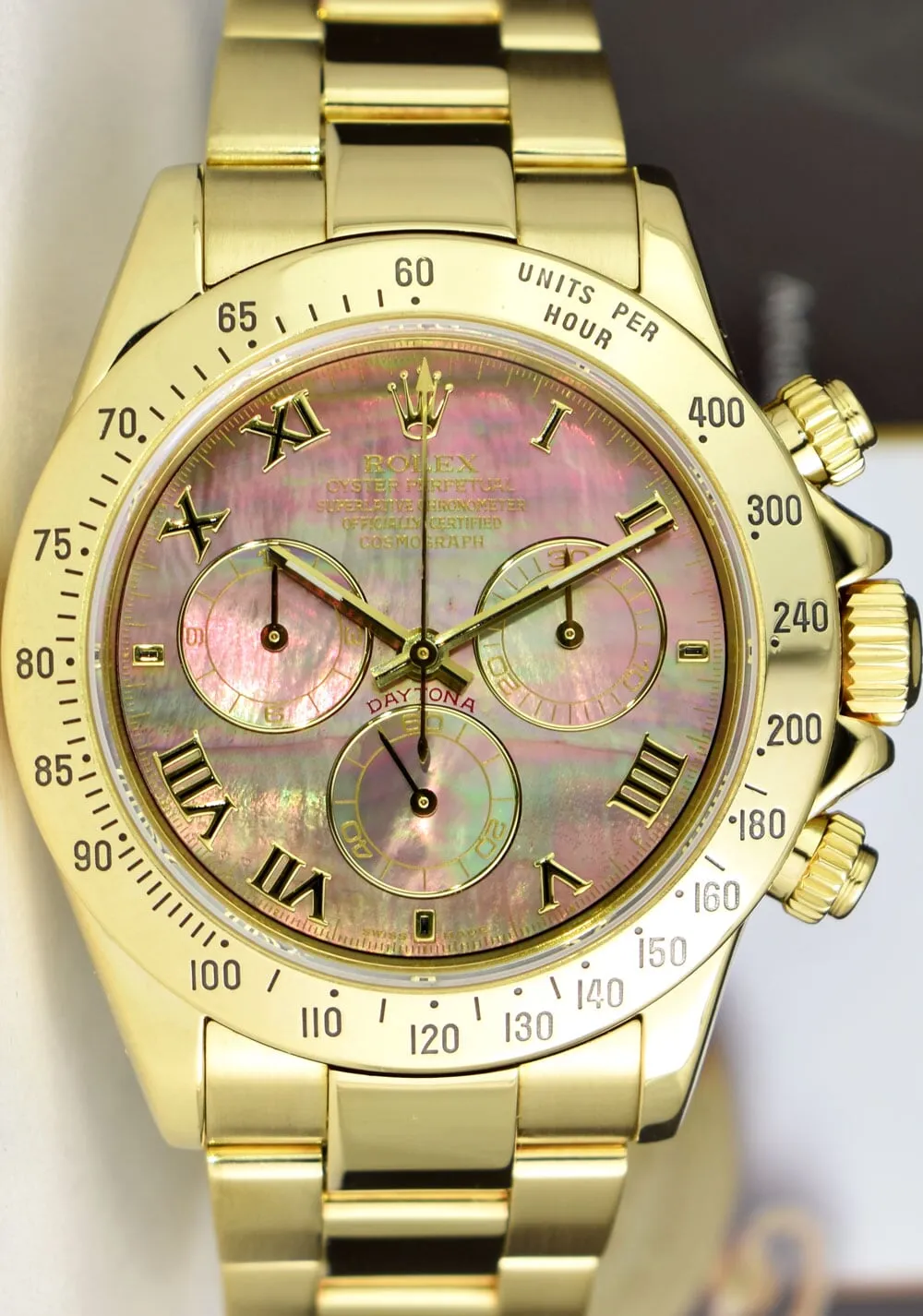 ROLEX Mens 18kt Gold Daytona Tahitian Mother Of Pearl Roman Model 116528