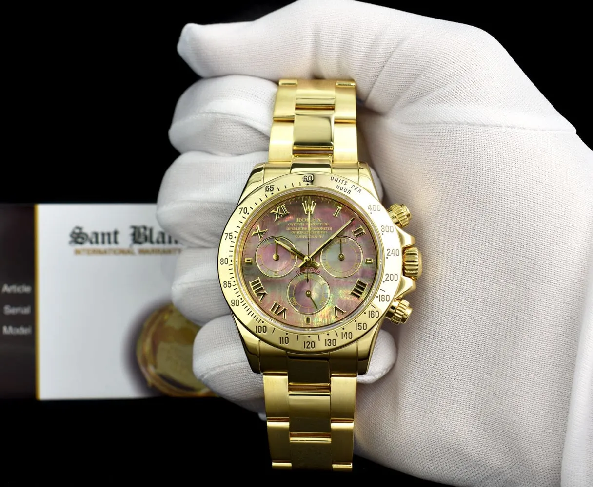 ROLEX Mens 18kt Gold Daytona Tahitian Mother Of Pearl Roman Model 116528