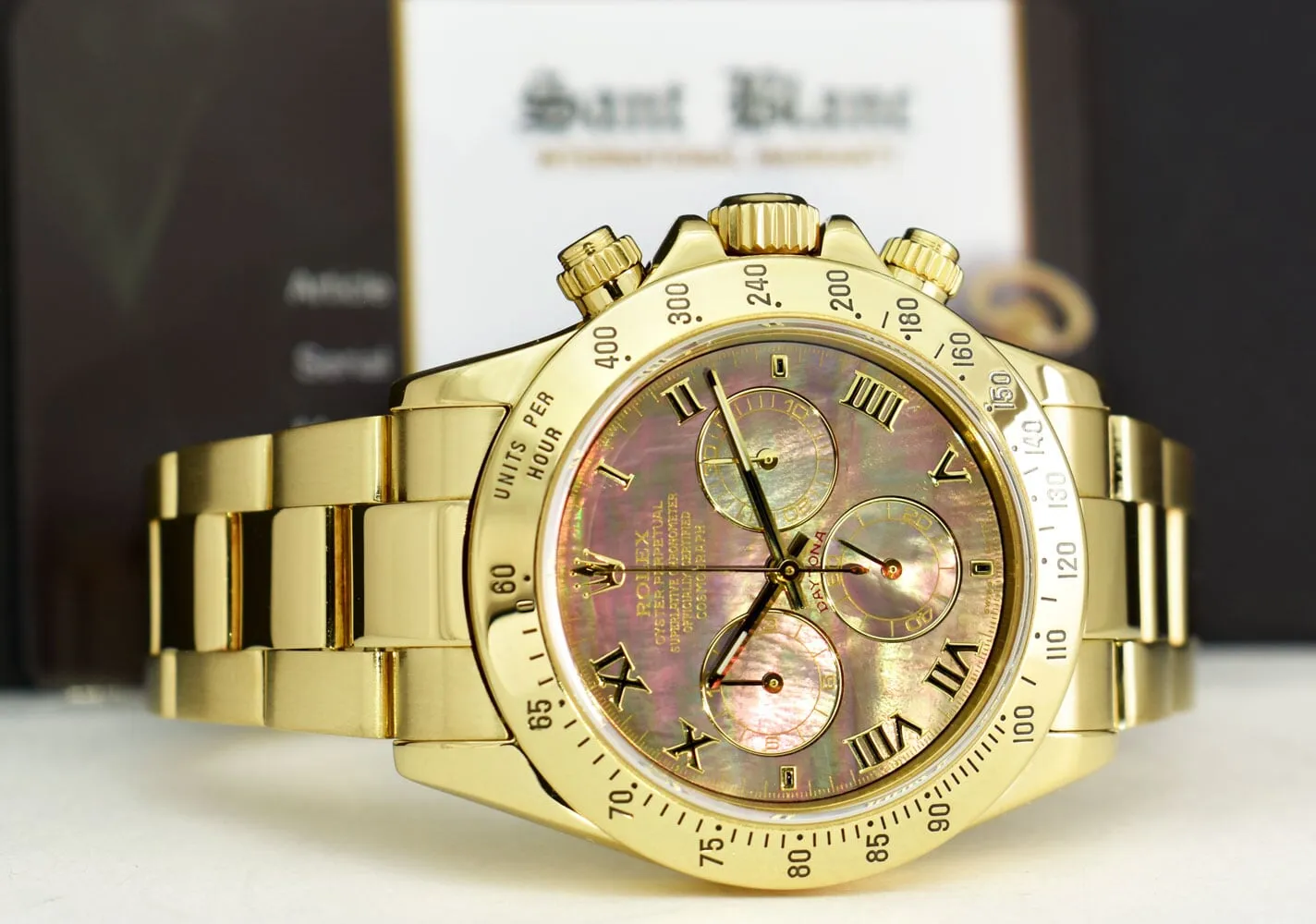 ROLEX Mens 18kt Gold Daytona Tahitian Mother Of Pearl Roman Model 116528