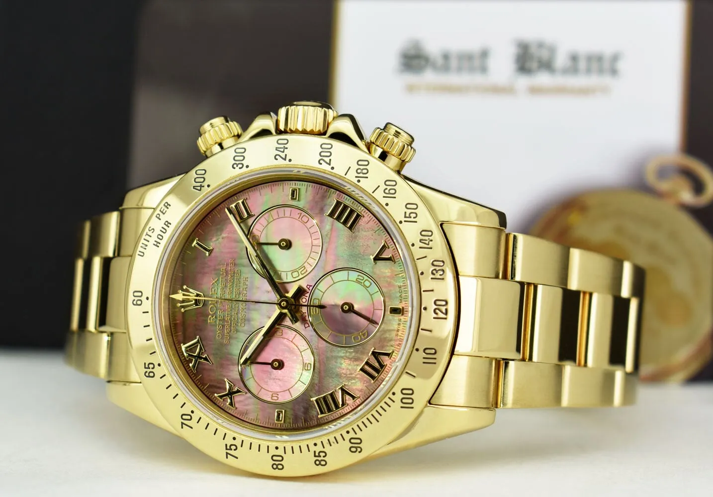 ROLEX Mens 18kt Gold Daytona Tahitian Mother Of Pearl Roman Model 116528