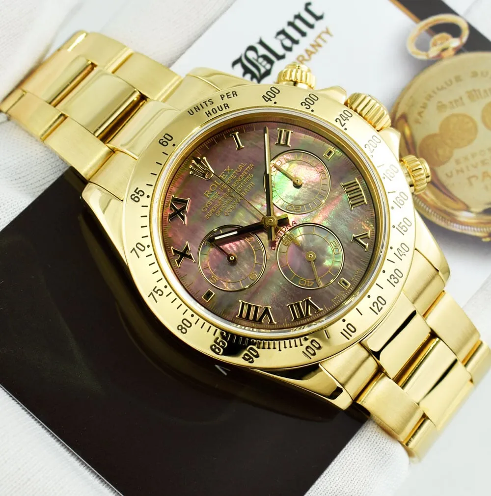 ROLEX Mens 18kt Gold Daytona Tahitian Mother Of Pearl Roman Model 116528