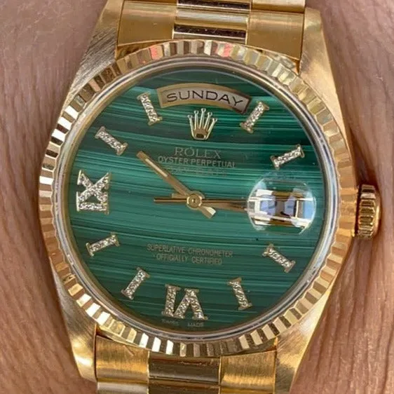 Rolex Presidential 36mm Day Date 18238 (Double Quickset) Mens or Womens Watch Refinished Malachite Dial Custom Diamond Bezel