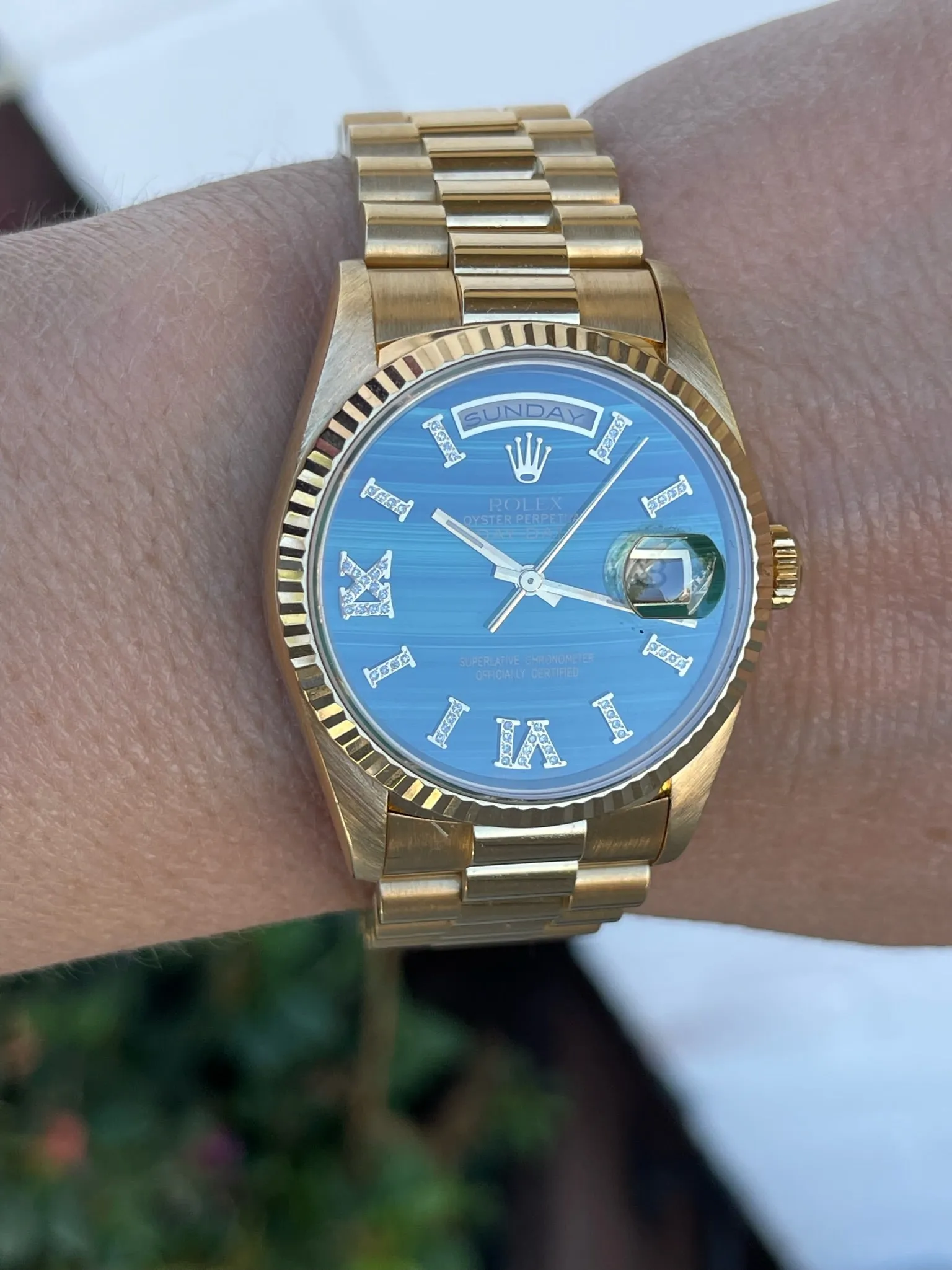 Rolex Presidential 36mm Day Date 18238 (Double Quickset) Mens or Womens Watch Refinished Malachite Dial Custom Diamond Bezel
