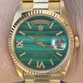 Rolex Presidential 36mm Day Date 18238 (Double Quickset) Mens or Womens Watch Refinished Malachite Dial Custom Diamond Bezel