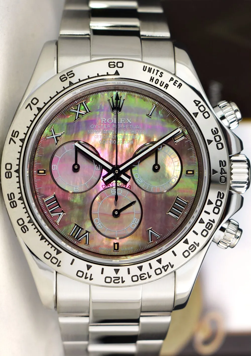 ROLEX REHAUT 40mm White Gold DAYTONA Tahitian MOP Roman Dial Fat Buckle Model 116509