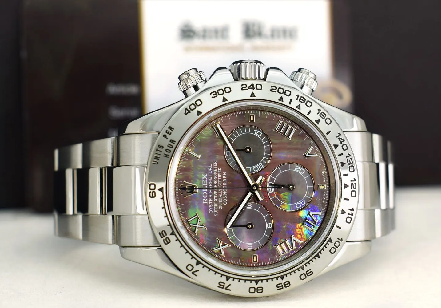 ROLEX REHAUT 40mm White Gold DAYTONA Tahitian MOP Roman Dial Fat Buckle Model 116509