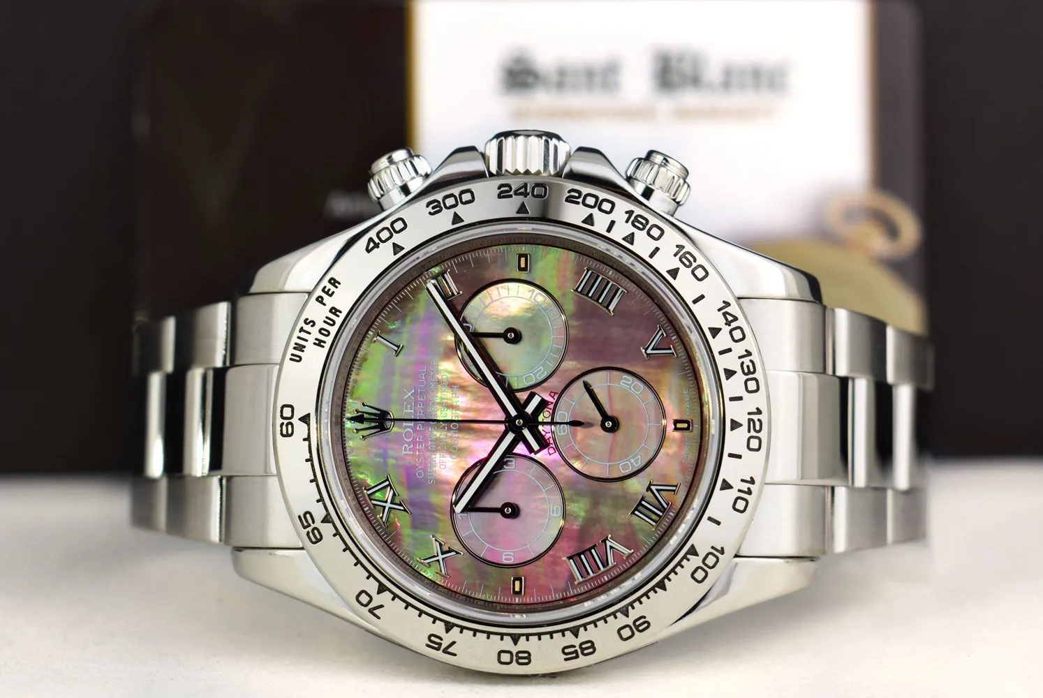 ROLEX REHAUT 40mm White Gold DAYTONA Tahitian MOP Roman Dial Fat Buckle Model 116509