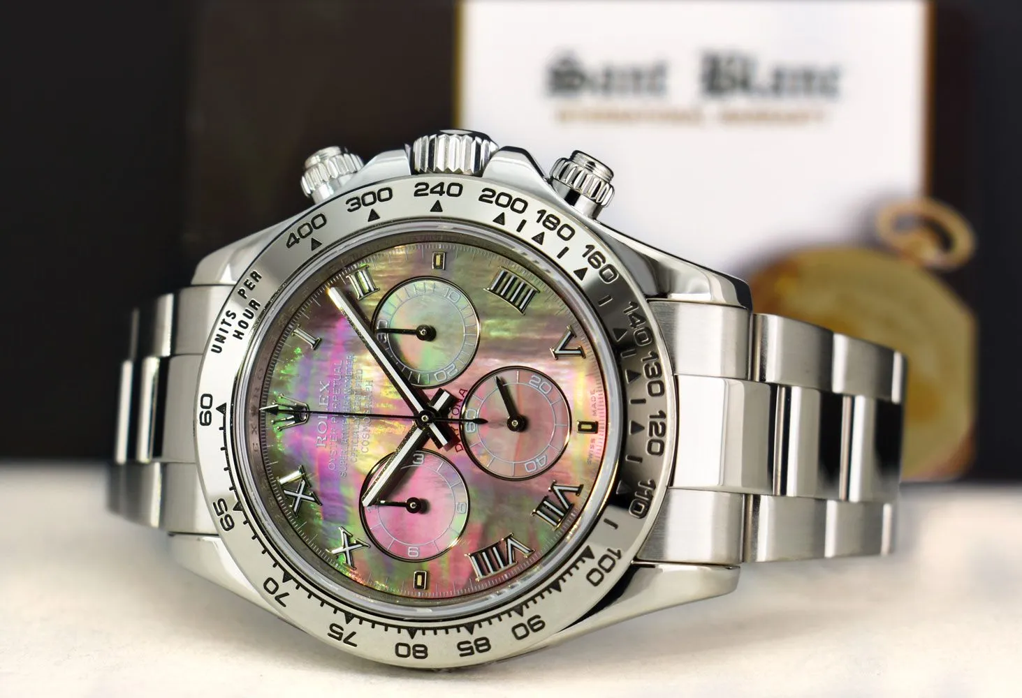 ROLEX REHAUT 40mm White Gold DAYTONA Tahitian MOP Roman Dial Fat Buckle Model 116509