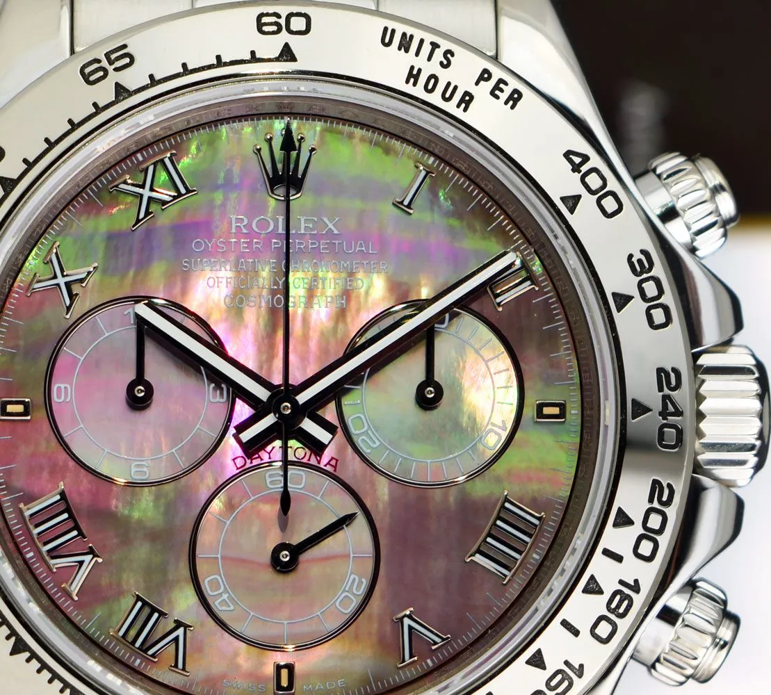 ROLEX REHAUT 40mm White Gold DAYTONA Tahitian MOP Roman Dial Fat Buckle Model 116509