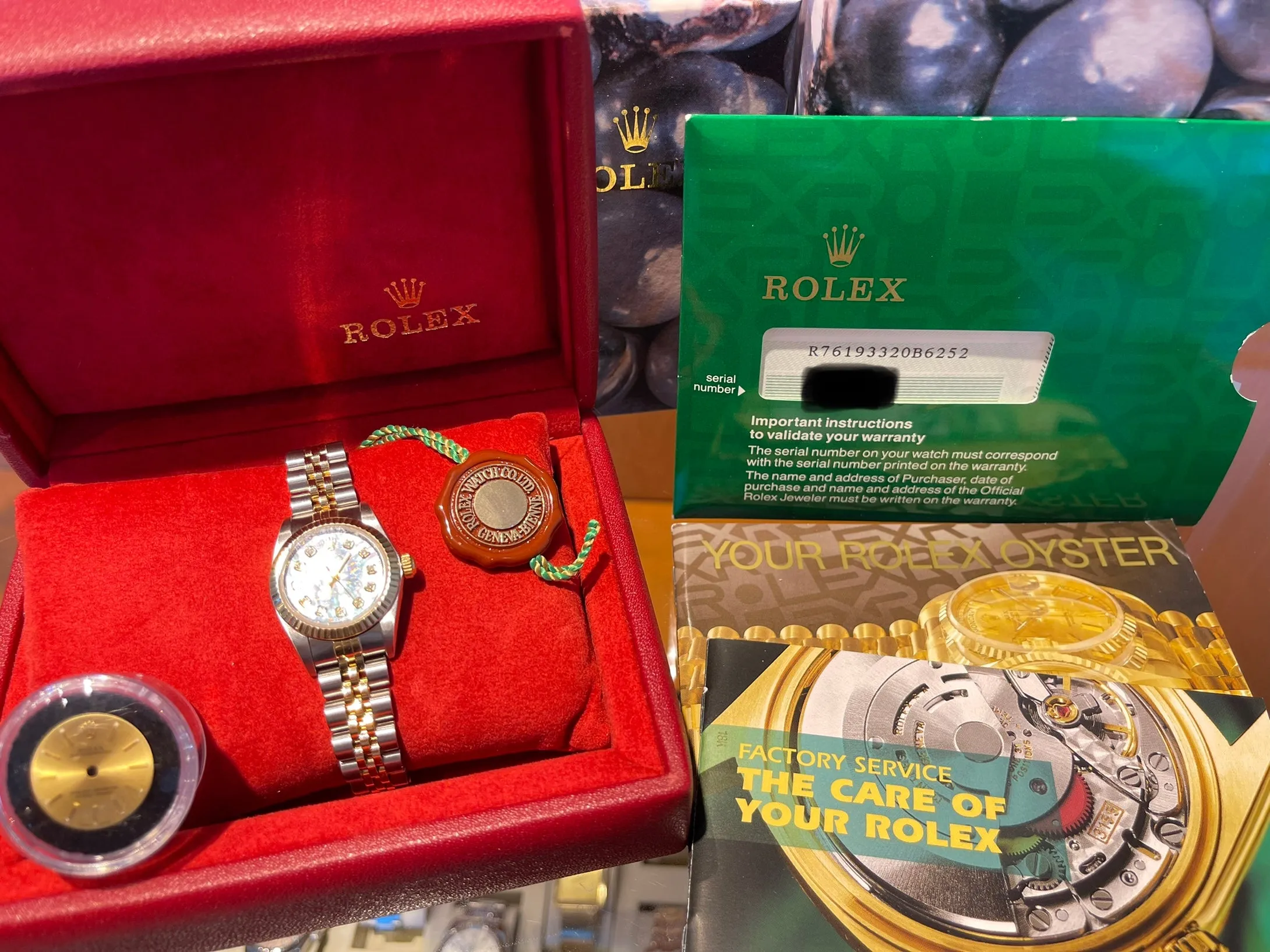 Rolex Watch 26mm Oyster Perpetual 76193 Ladies Watch.  Refinished Tahitian/Black Mother of Pearl Diamond Dial Mint