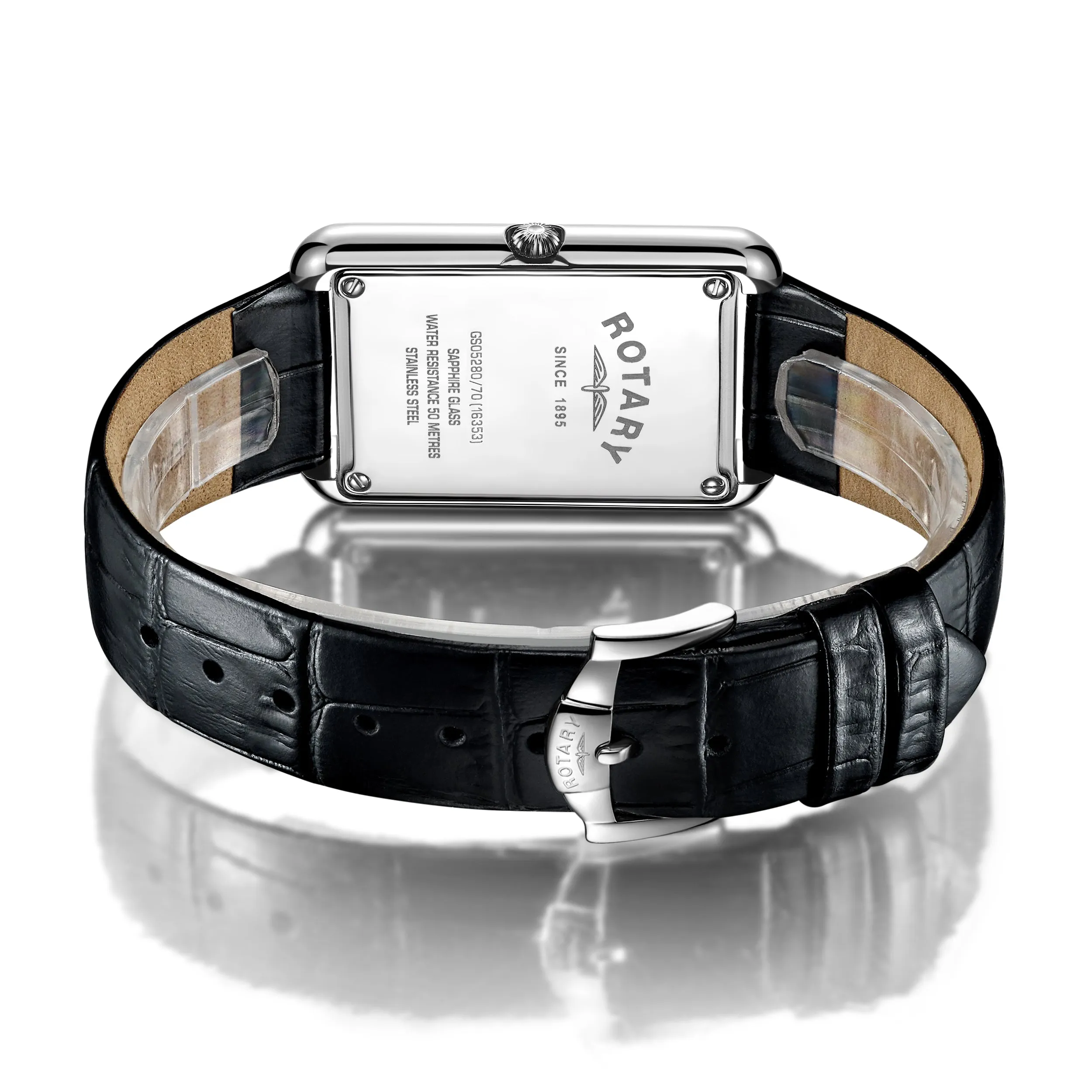 Rotary Stainless Steel Cambridge Quartz Watch with a Black Leather Strap