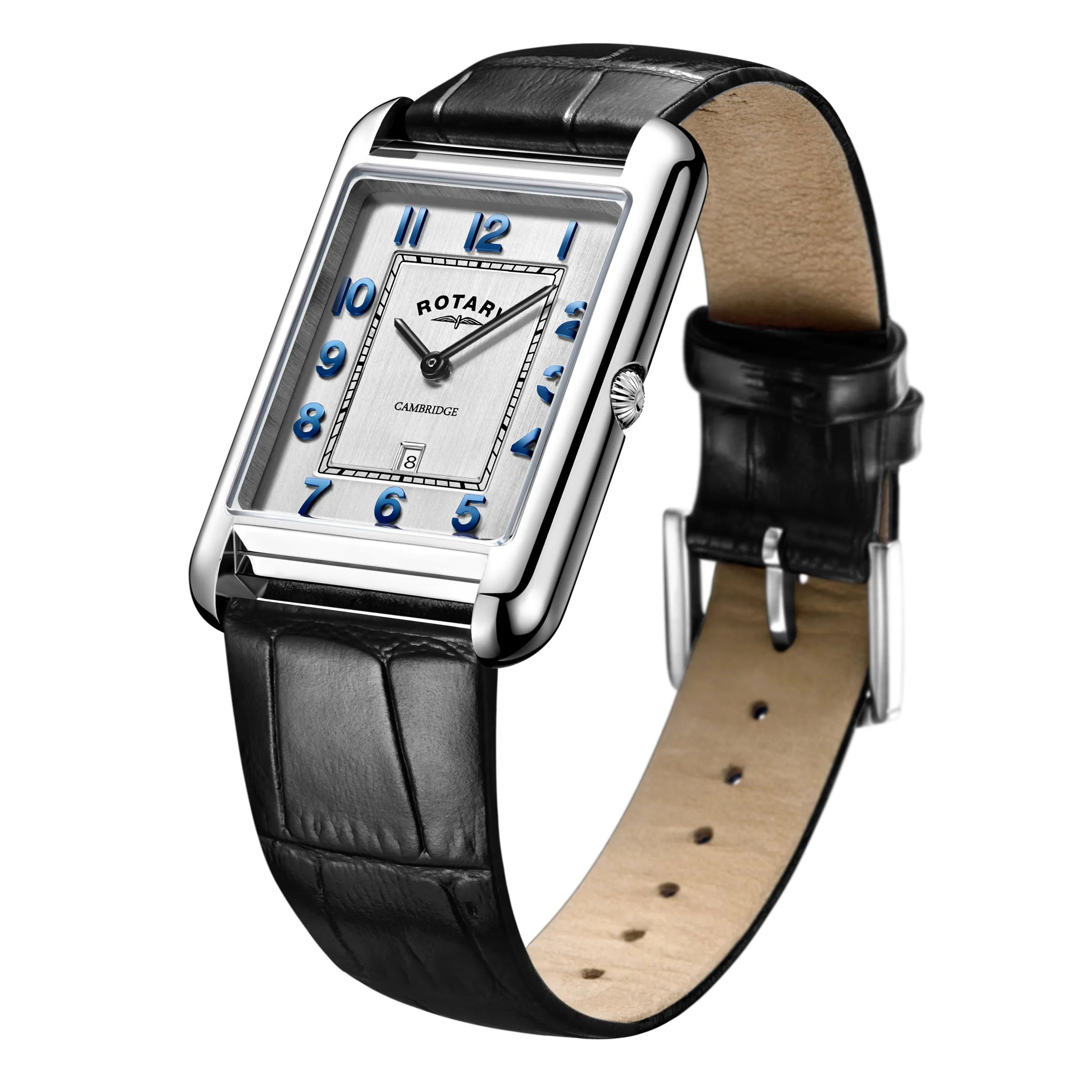Rotary Stainless Steel Cambridge Quartz Watch with a Black Leather Strap