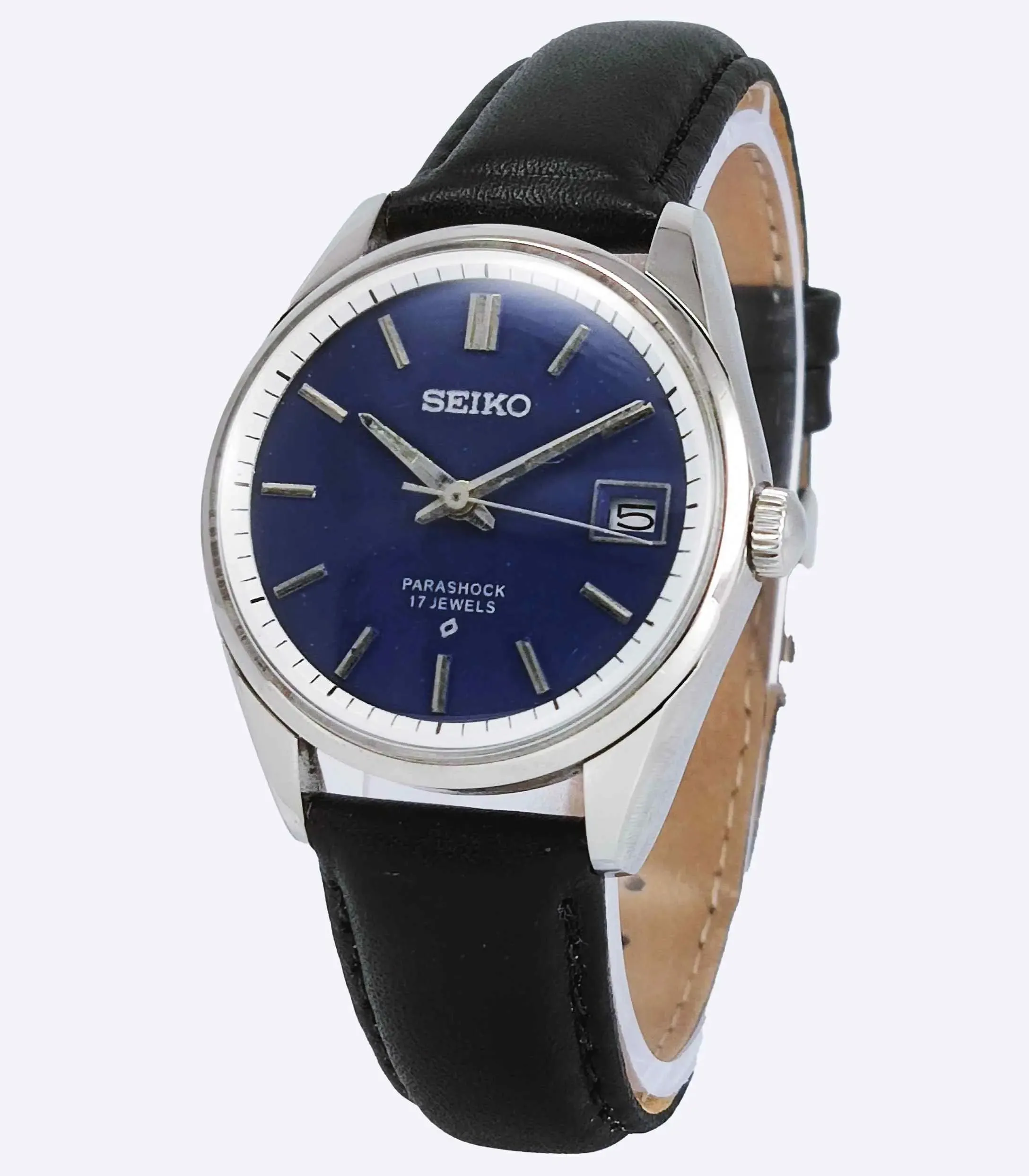 Seiko 6602B Para Shock 17 Jewels Handwinding Blue Dial Date Window Men's Watch