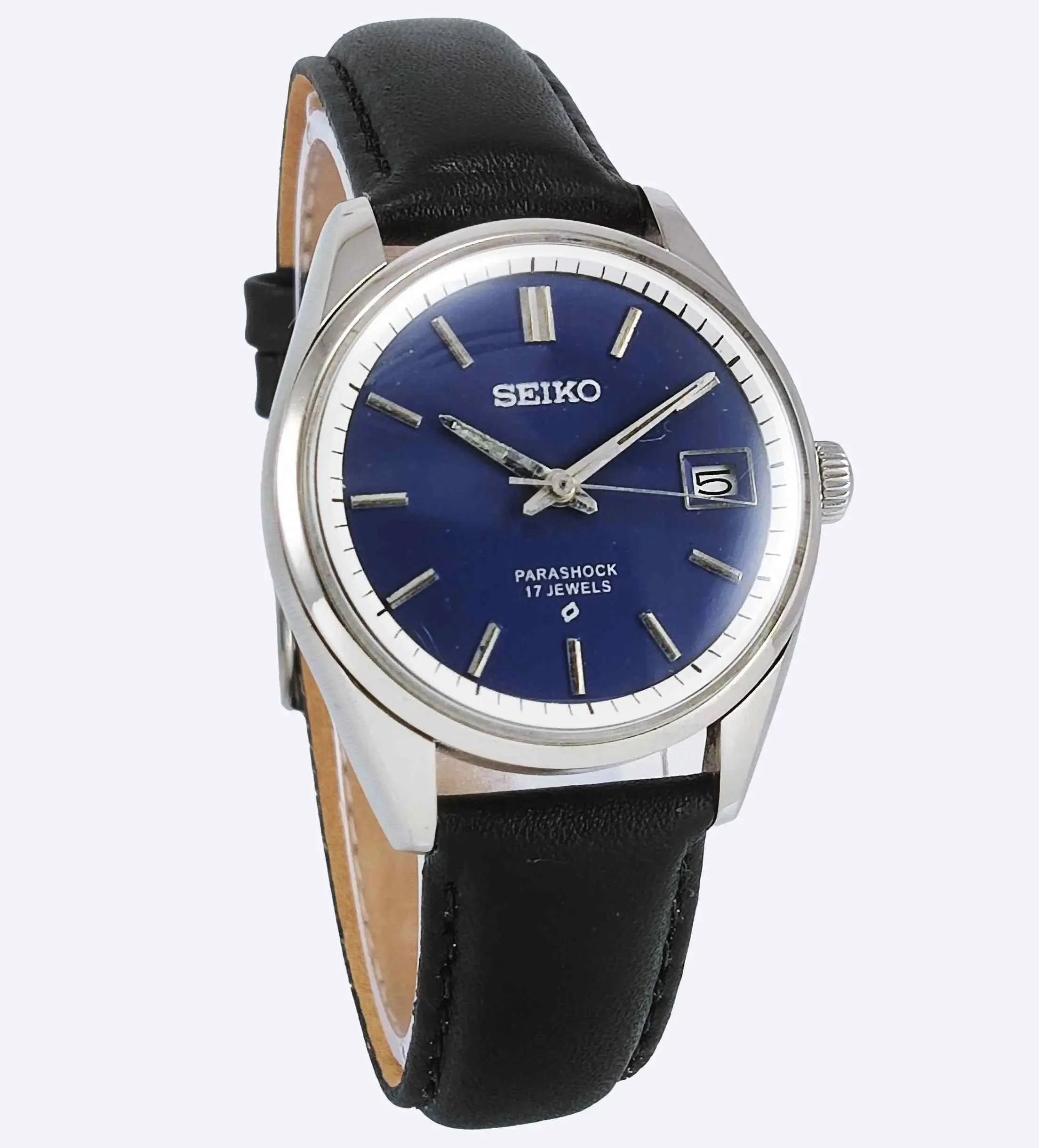 Seiko 6602B Para Shock 17 Jewels Handwinding Blue Dial Date Window Men's Watch