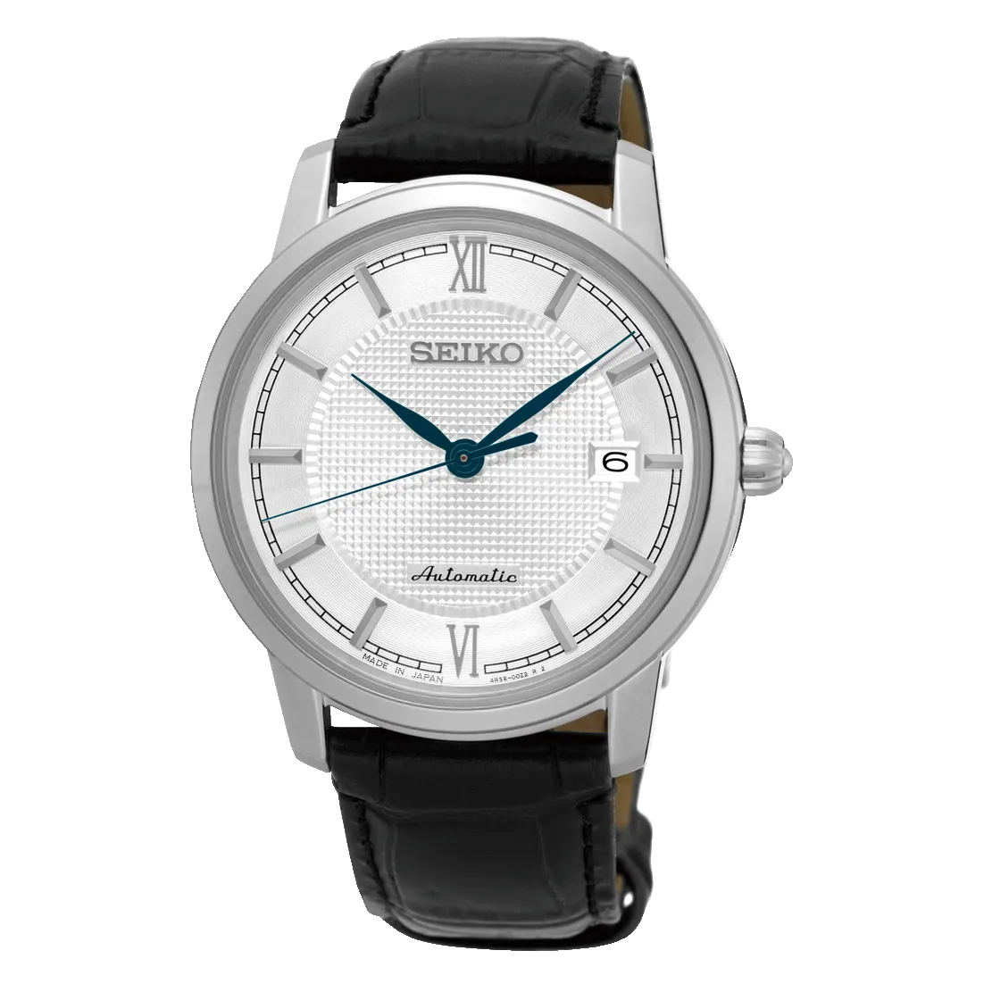 Seiko Presage Gents Silver Automatic Watch With A Black Leather Strap