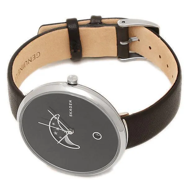 Skagen Gitte Moon Phase Black Dial Black Leather Ladies Watch SKW2372
