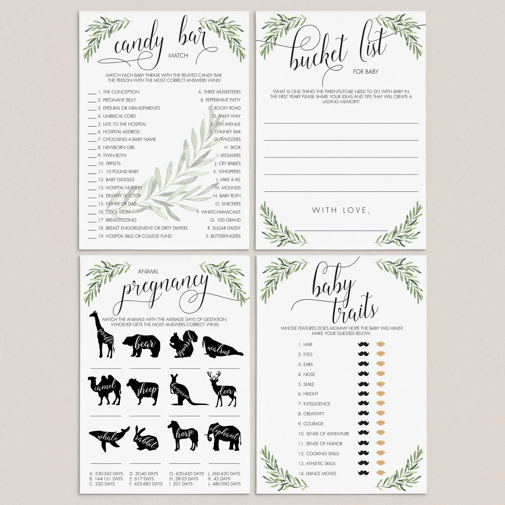 Unique Baby Shower Games Bundle with Green Olive Branches