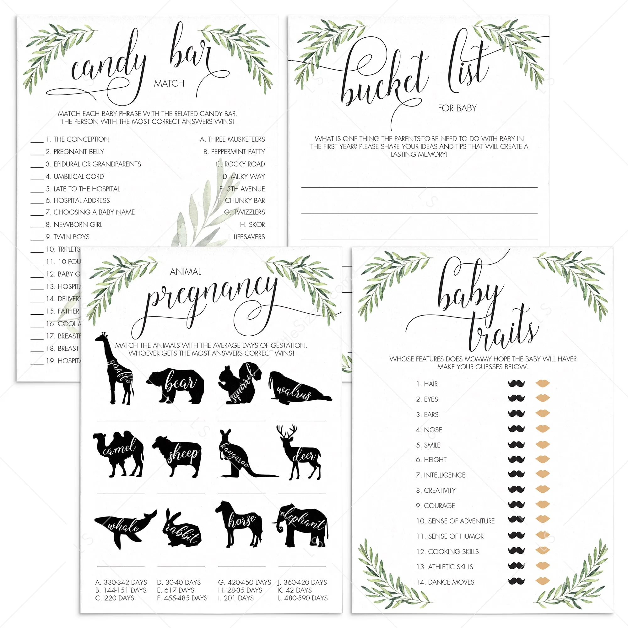 Unique Baby Shower Games Bundle with Green Olive Branches