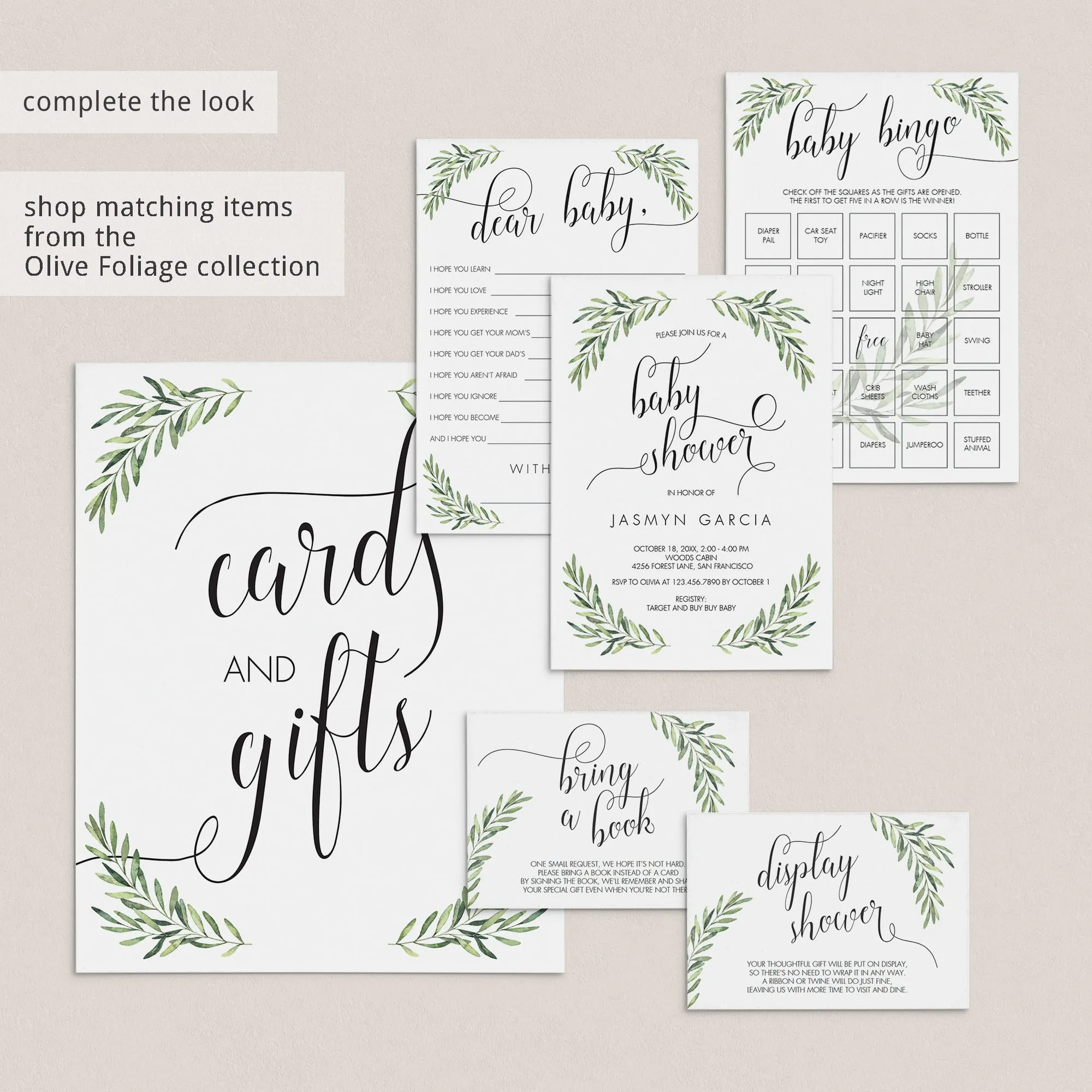Unique Baby Shower Games Bundle with Green Olive Branches