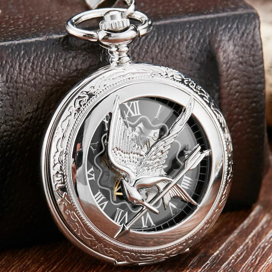 Unisex Retro Vintage Hollow the Hunger Games Mockingbird Pocket Watch